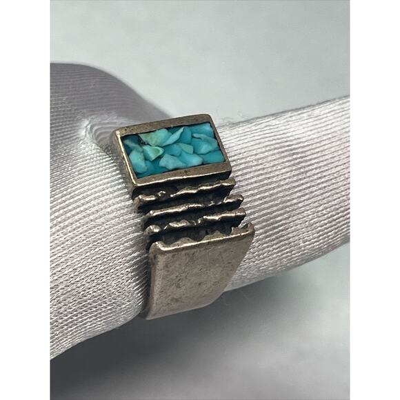 Sterling Silver 925 Tested Men Women Square Ring Blue Turquoise Inlay Size 9,75 - Picture 13 of 16